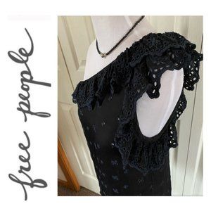 Free People Black Eyelet Lace Off One Shoulder Tank Top Shirt EUC!